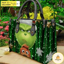 grinch christmas leather bag, grinch lover handbag, custom leather bag, woman handbag 4