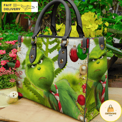 grinch christmas leather bag, grinch lover handbag, custom leather bag, woman handbag 8