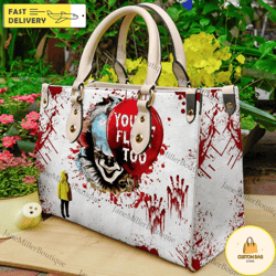 halloween leather handbag, youll float too handbag, horror movie characters bag, woman shoulder bag 1