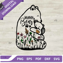 floral mama bear and baby svg, mothers day svg, mama bear svg