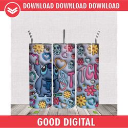 stitch drawing 3d puff design skinny tumbler wrap png