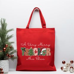 A Verry Merry Custom Name Teacher Bag Christmas Tote Bag, Teacher Canvas Bag, Teacher Christmas Bag