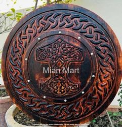 Helm of Awe Viking Shield Battle-Ready Shield Wooden Shield Brown., Celtic Sword & Shield Wall Art, Celtic Wooden Shield