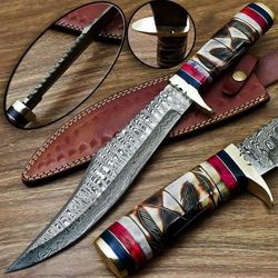 damascus steel hunting bowie knife with handmade cow leather sheath