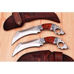 custom handmade d2 steel 11 inch hunting karambit knives pair with beautiful leather sheath