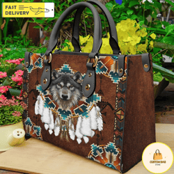 blue mandala feather wolf native leather bag, custom leather bag, woman handbag, custom leather bag