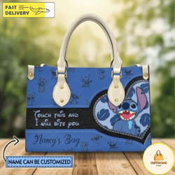 custom name i will bite you stitch leather handbag, stitch lovers handbag,stitch women bags