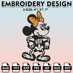 minnie skeleton embroidery designs, disney halloween embroidery files, halloween horror character,