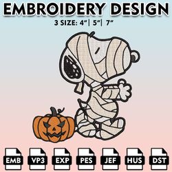 mummy snoopy embroidery designs, spooky season embroidery files, halloween horror character, machine