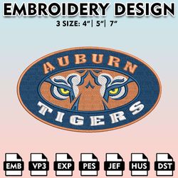 ncaa auburn tigers embroidery file, 3 sizes, 6 formats, ncaa machine embroidery