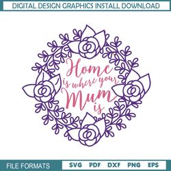 home is where your mum is floral wreath svg