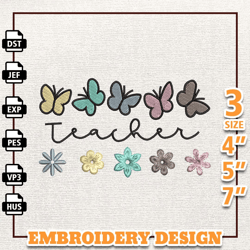 retro butterfly teacher embroidery design, back to school embroidery design, teacher day embroidery design, vintage scho