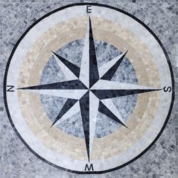 handmade compass nautical marble mosaic medallion - square shape - grey theme - nc4-nsew-sq