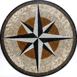 compass nautical marble mosaic medallion - star artwork - round shape - beige theme - nc1