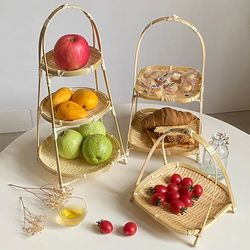 1/2/3 tier round bamboo woven basket handmade weave fruit bread snack tray restaurant kitchen dining room desk picnics b