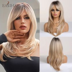 easihair dark brown black synthetic wigs with bangs medium straight layered natural hairs for women daily cosplay heat r