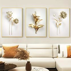 "stylish nordic living room art: luxury abstract golden flower canvas wall poster"