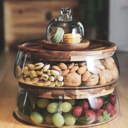 "glass food storage jars with wooden lid for kitchen snacks"