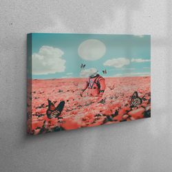 3d wall art, wall art, canvas decor, flower field canvas print, moon landscape canvas, flower canvas, full moon art, but