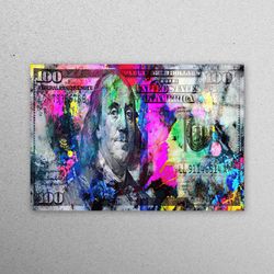 mural art, tempered glass, wall decoration, 100 dollar glass wall art, dollar tempered glass, 100 dollars bill glass art