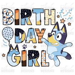 birthday girl blue dog clipart elements, letters set, blue dog sublimation party, png, family matching shirt