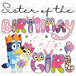 sister of the birthday girl pink dog clipart elements, letters set, blue dog sublimation party, png, family matching