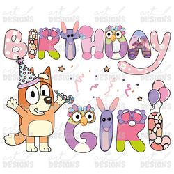 birthday girl pink dog clipart elements, letters set, blue dog sublimation party, png