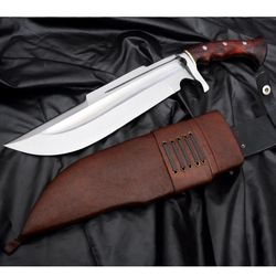 custom handmade d2 steel hunting bowie knife w/ rosewood handle & leather sheath