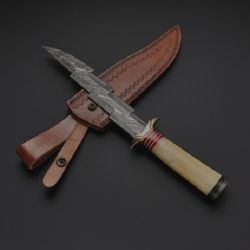 custom handmade damascus steel zigzag dagger knife with leather sheath