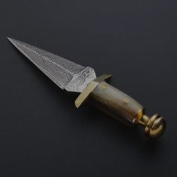 custom handmade damascus steel hunting mini dagger knife with leather sheath