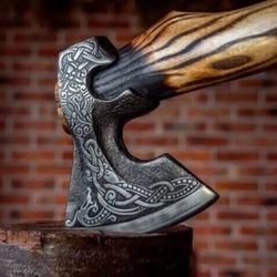 custom hand forged carbon steel viking axe with ash-wood handle & leather cover