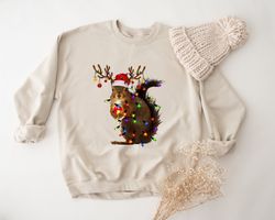 christmas squirrel sweatshirt, funny christmas sweatshirt, xmas santa hat hoodie, christmas light sweater, christmas rei