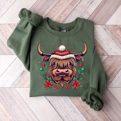 highland cow christmas sweatshirt, western cow sweater, cow christmas shirt, santa cow t-shirt, gift for her, highland c