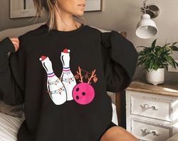 bowling ball antlers christmas bowling pins santa hat gift shirt, christmas bowling tree shirt, funny xmas bowling sport