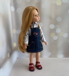 paola reina doll clothes, jeans sundress for 13" dolls, long sleeve shirt, leather shoes for paola reina, dolls outfit