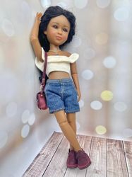 ruby red doll clothes, jeans shorts for 14.5" dolls, white knitted summer blouse, leather sandals, shoulder bag for doll