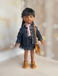 outfit for 13inch dolls, paola reina clothes, short sleeve shirt, jeans jacket and skirt. leather shoes for paola reina