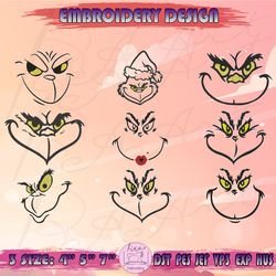 9 grinch face embroidery designs, christmas grinch embroidery bundle, retro grinch christmas embroidery, machine embroidery designs