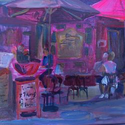 pink cafe in palma de mallorca acrylic painting