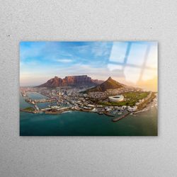 mural art, glass printing, glass wall decor, table mountain national park, south africa glass wall art, city landscape t