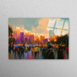 mural art, tempered glass, wall decor, people in a city park, contemporary tempered glass, people painting glass art,