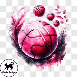 floating pink basketball with watercolor splatters and feathers png design 94