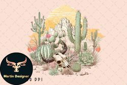 cow skull desert sun cactus vintage png design 03