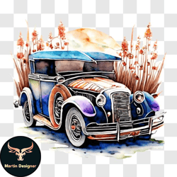 watercolor painting of classic car in nature png design 174