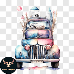 colorful watercolor painting of an old car with skulls and bicycles png design 179