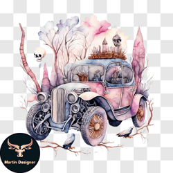 watercolor painting of vintage car with skulls and bones png design 188