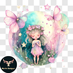 dreamy fairytale moment: cute little girl praying with butterflies and stars png design 198