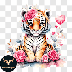 cute baby tiger on floral background png design 202