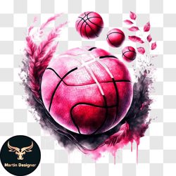 floating pink basketball with watercolor splatters and feathers png