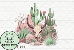 cow skull vintage desert cactus png design 04